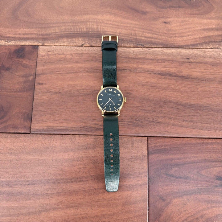 Marc by Marc Jacobs Gold Tone Green Leather Band Watch Black Face