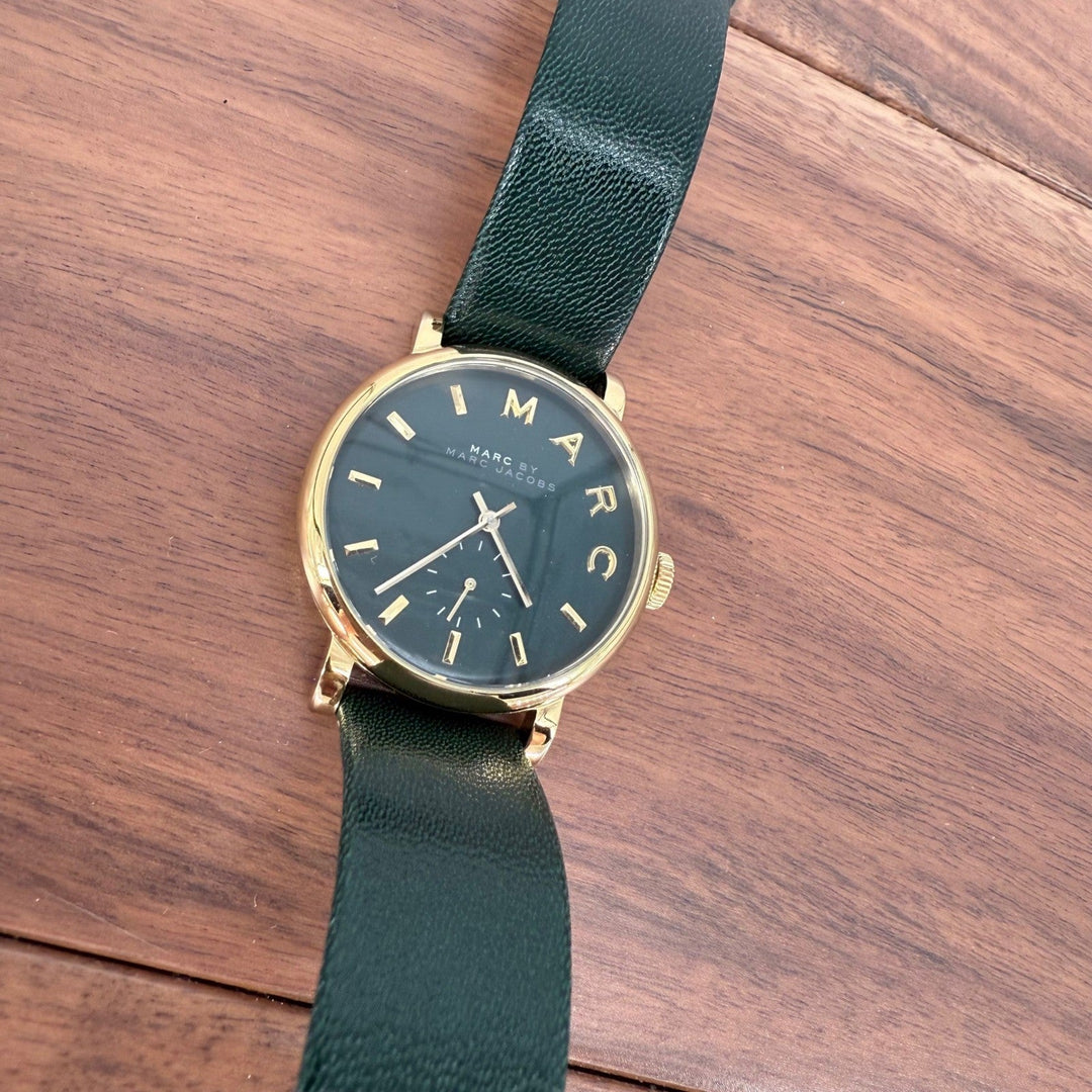 Marc by Marc Jacobs Gold Tone Green Leather Band Watch Black Face
