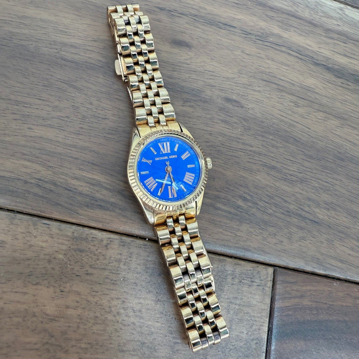 Michael Kors Gold Tone Watch Blue Dial Roman Numerals MK3272