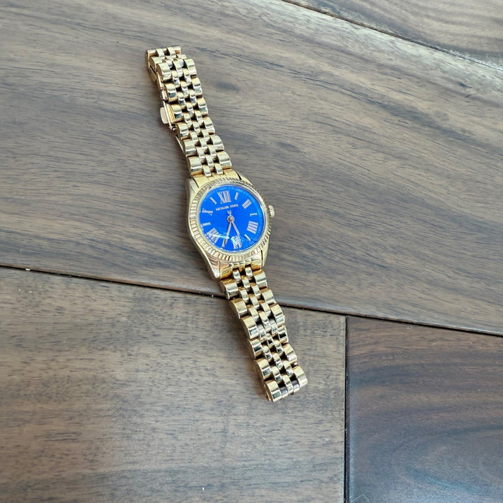 Michael Kors Gold Tone Watch Blue Dial Roman Numerals MK3272