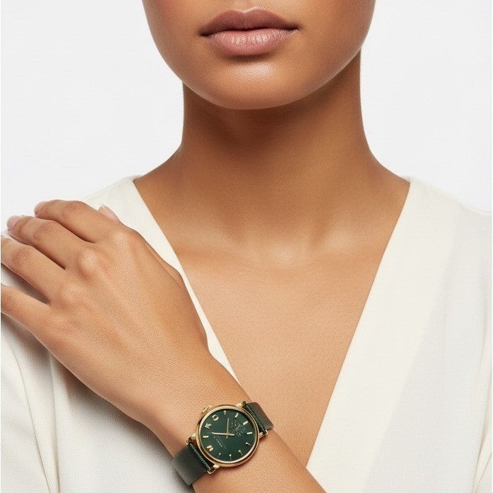 Marc by Marc Jacobs Gold Tone Green Leather Band Watch Black Face