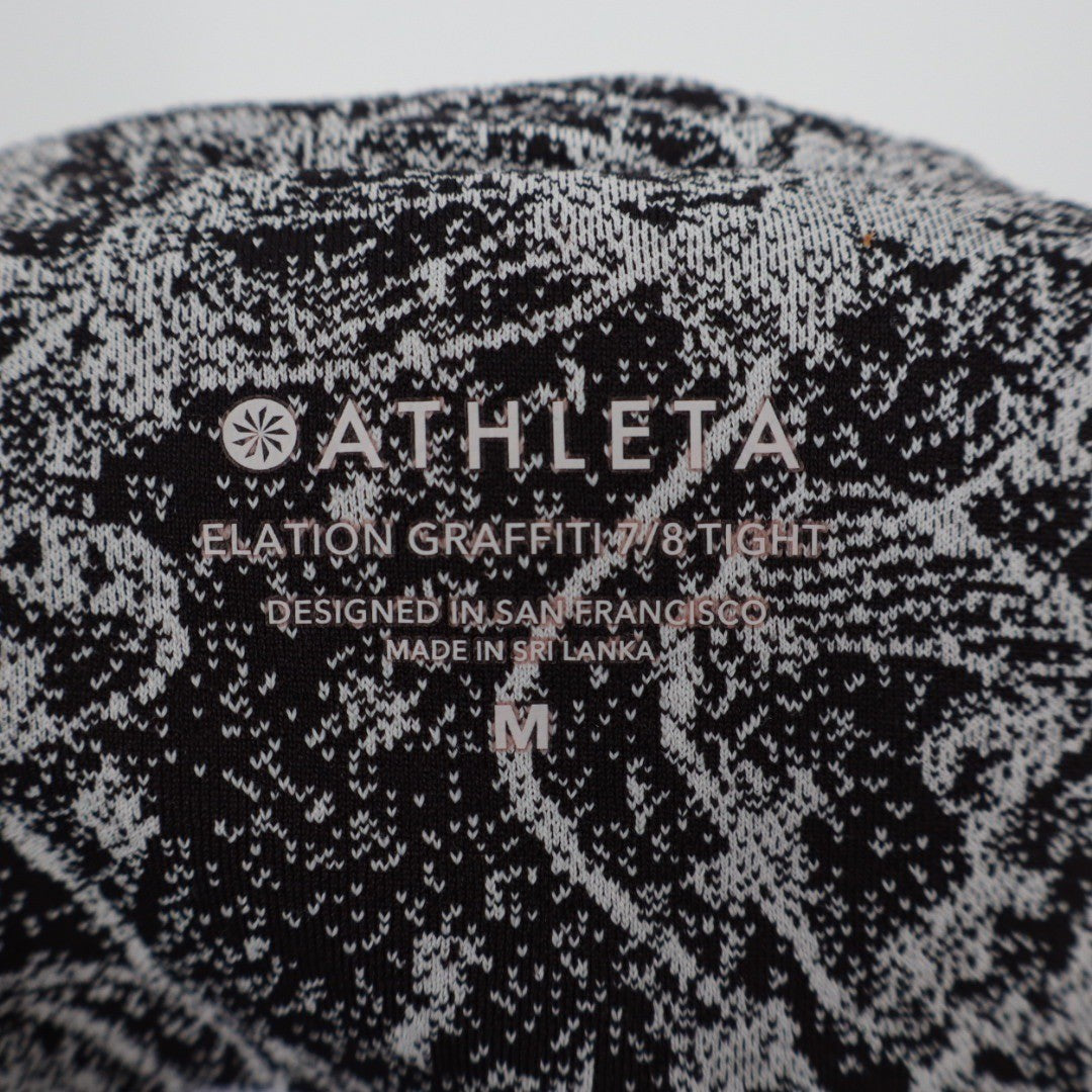 Athleta Elation Graffiti 7/8 Tight Leggings Black White Floral Print Size M