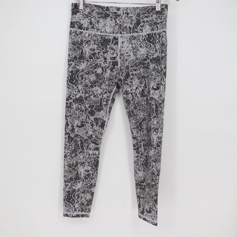 Athleta Elation Graffiti 7/8 Tight Leggings Black White Floral Print Size M