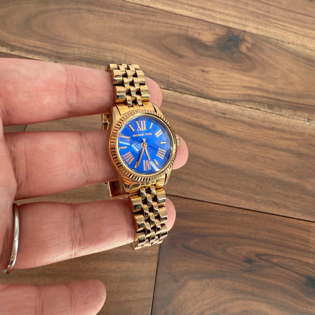 Michael Kors Gold Tone Watch Blue Dial Roman Numerals MK3272