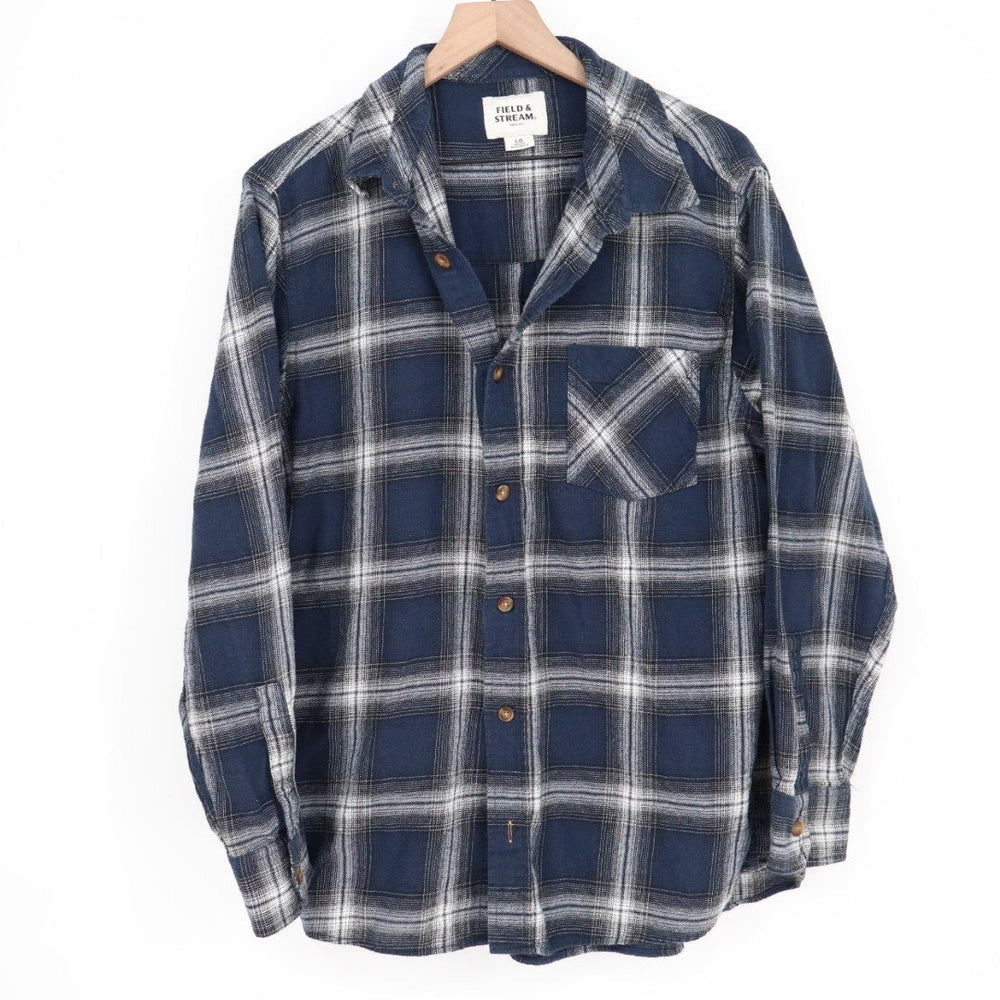 Field & Stream Flannel Shirt Long Sleeve Button Down Plaid Navy Blue Men's LG