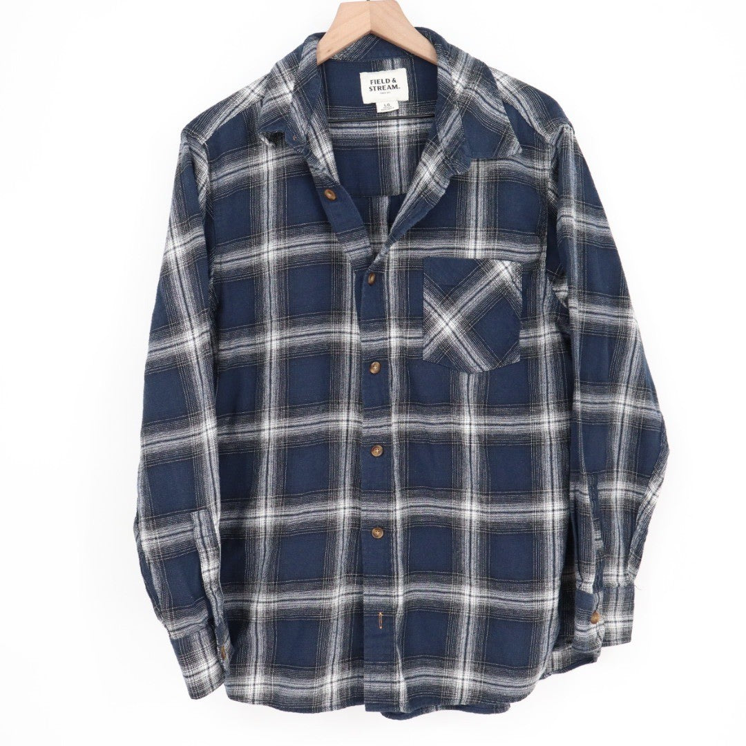 Field & Stream Flannel Shirt Long Sleeve Button Down Plaid Navy Blue Men's LG