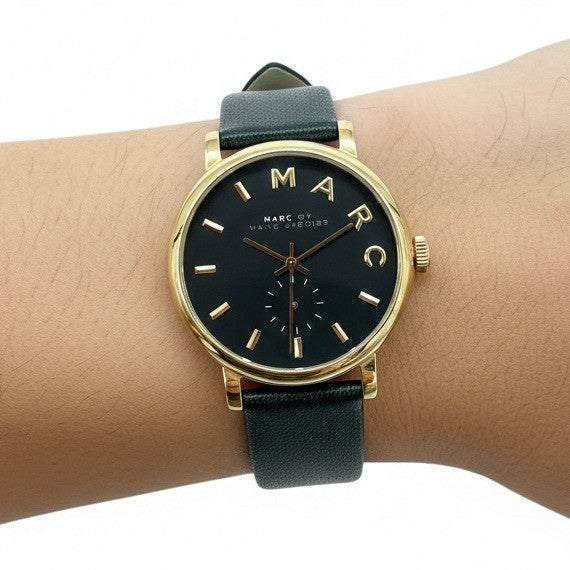 Marc by Marc Jacobs Gold Tone Green Leather Band Watch Black Face