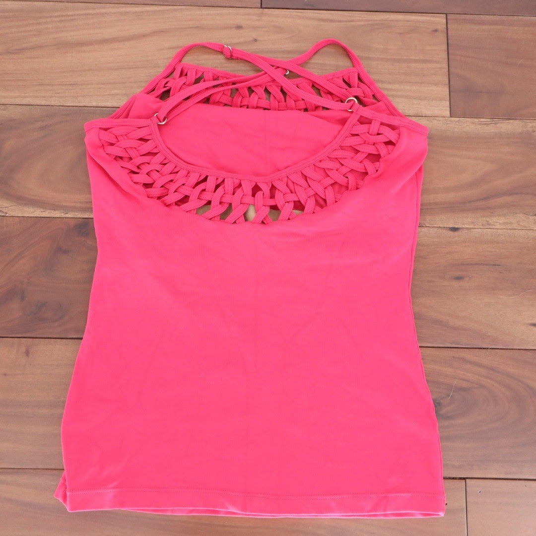 Equilibrium Hot Pink Athletic Tank Top Bra Macrame Neckline Embroidered Logo M