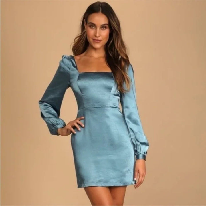 Lulus Got The Love Slate Blue Satin Square-Neck Mini Dress Size L