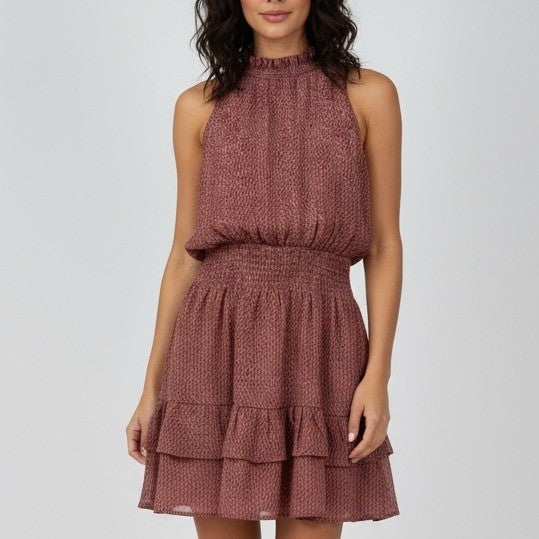 Olivia Grey Dress Animal Print Ruffle Mock Neck Sleeveless Mini Size M