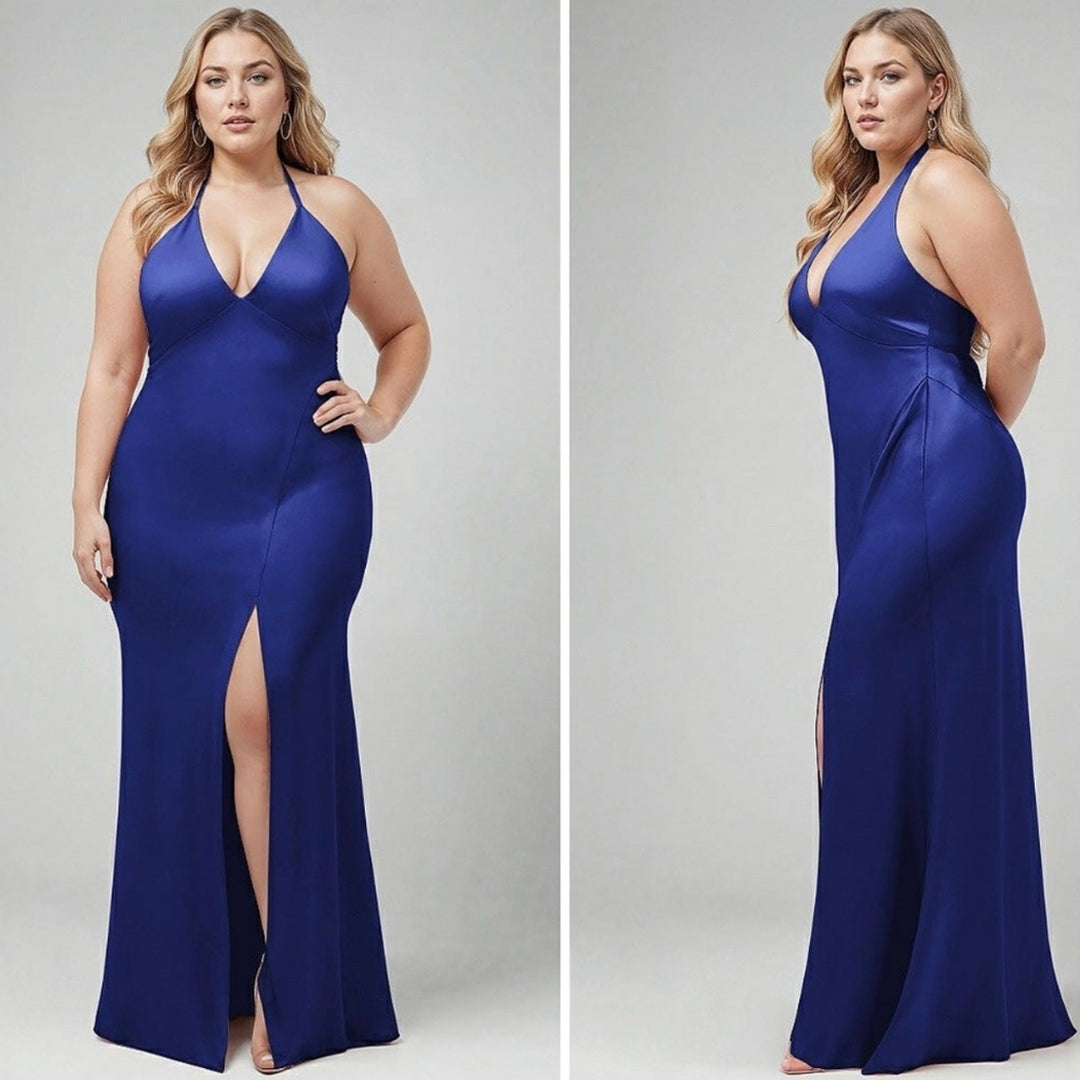 After Six Plunge Halter Open-Back Maxi Bias Dress With Low Back Size M