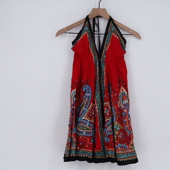 Advance Red Paisley Halter Dress Free Size Boho Festival Beach Vacation