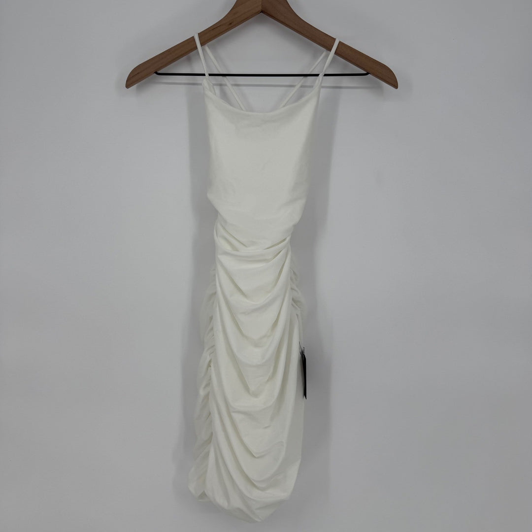 Lulus Confident Allure White Ruched Lace-Up Bodycon Mini Dress Size S