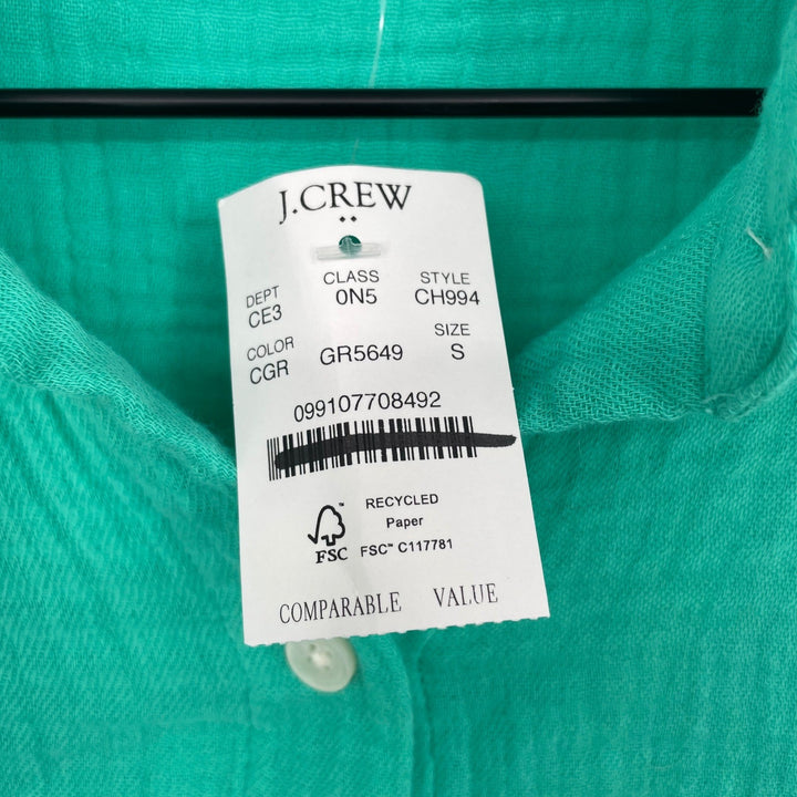 J Crew Gauze Shirt Tunic Emerald Green Long Sleeve Button Front Size S CH994
