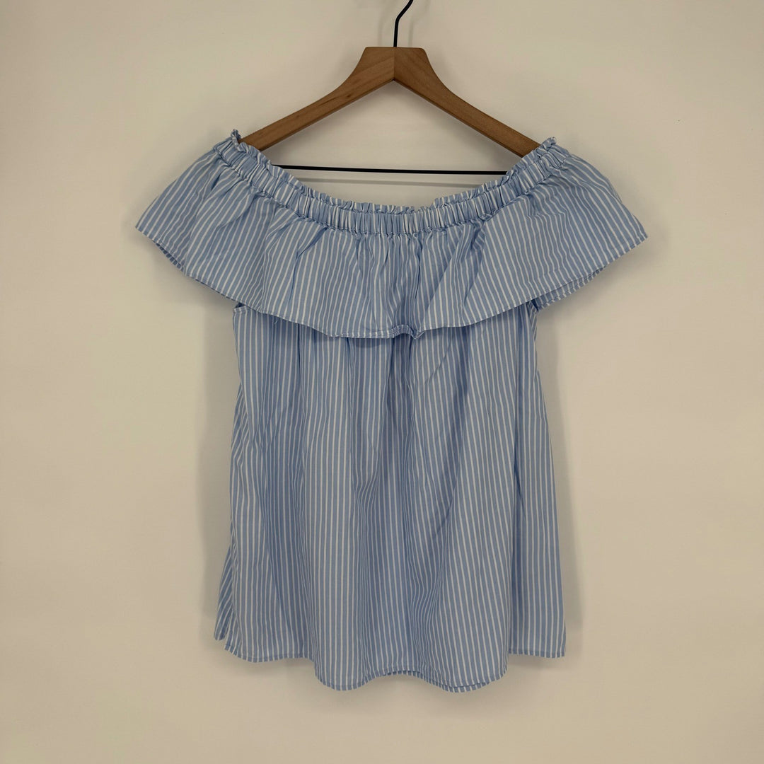 LOFT Blue White Striped Off The Shoulder Ruffle Top Size Large