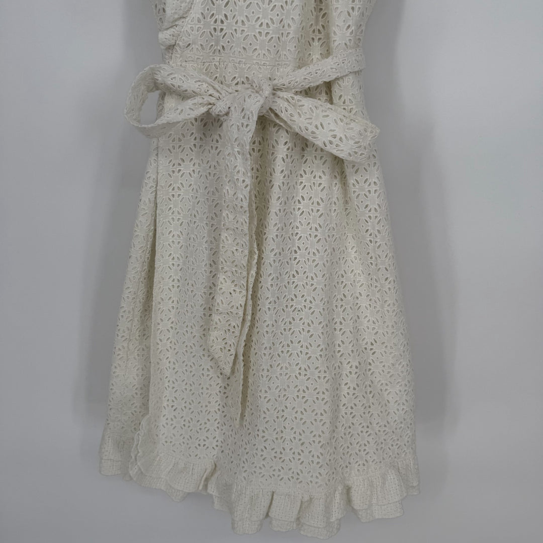 Lilly Pulitzer Wrap Dress Womens 6 Beige Eyelet Lace Overlay Cotton Belted Lined