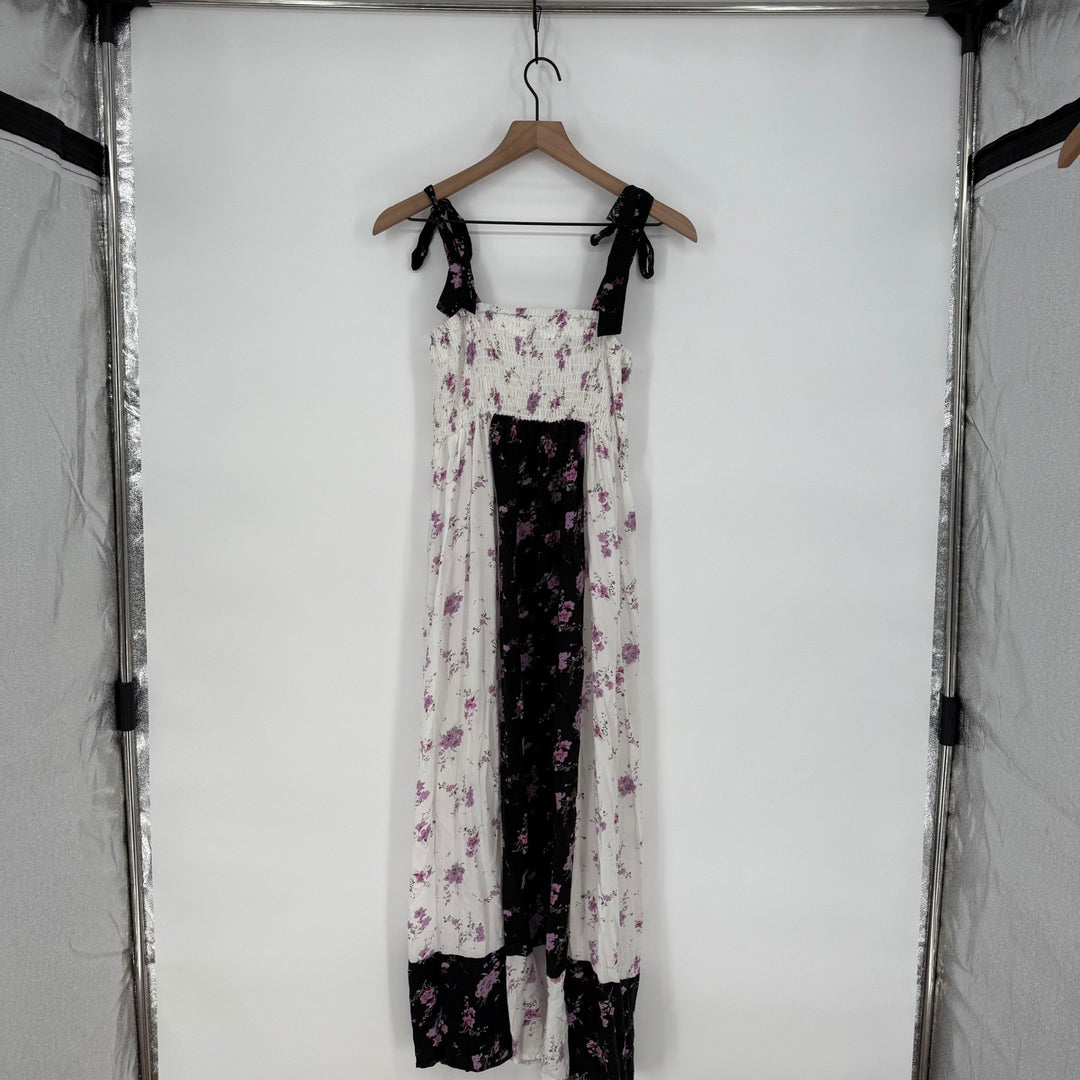 Aqua Maxi Dress Floral Print White Black Purple Smocked Bodice Tie Straps Size S