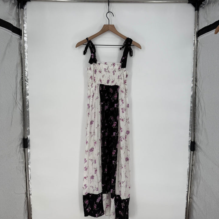 Aqua Maxi Dress Floral Print White Black Purple Smocked Bodice Tie Straps Size S
