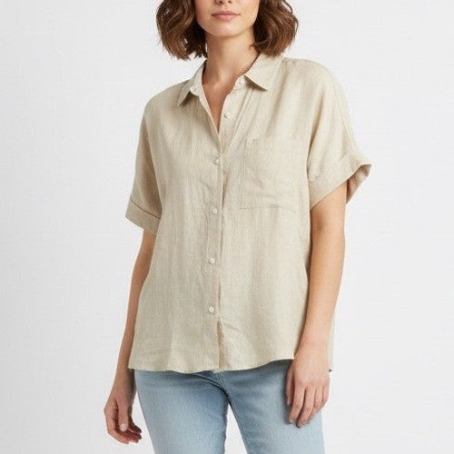 American Giant Linen Button Up Shirt Khaki Tan Short Sleeve Collared Size L