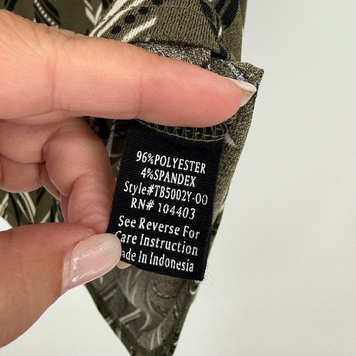 Flower & Feather Olive Green Geometric Print Top Blouse Zipper Detail Size S