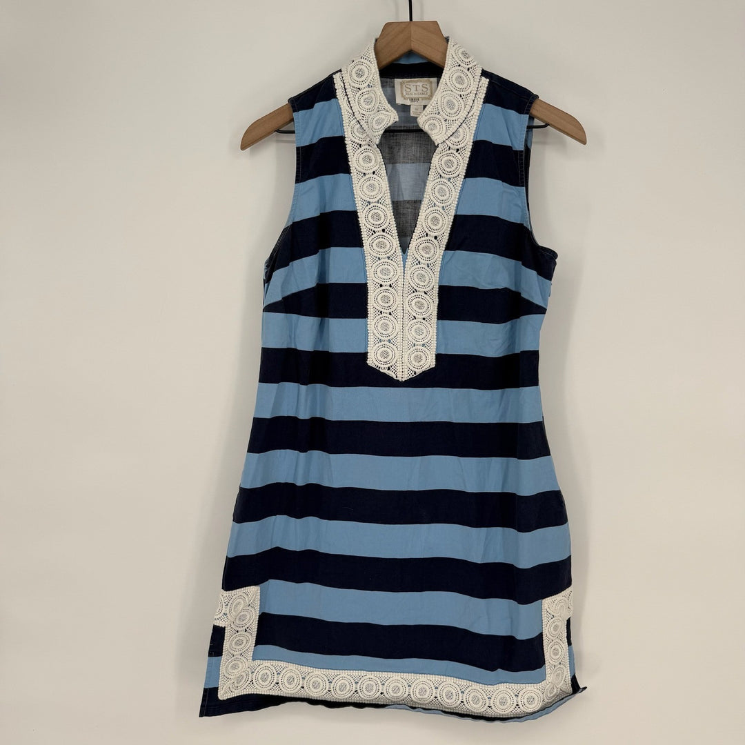 STS Sail to Sable Blue Navy Striped Crochet Trim Sleeveless Tunic Dress M