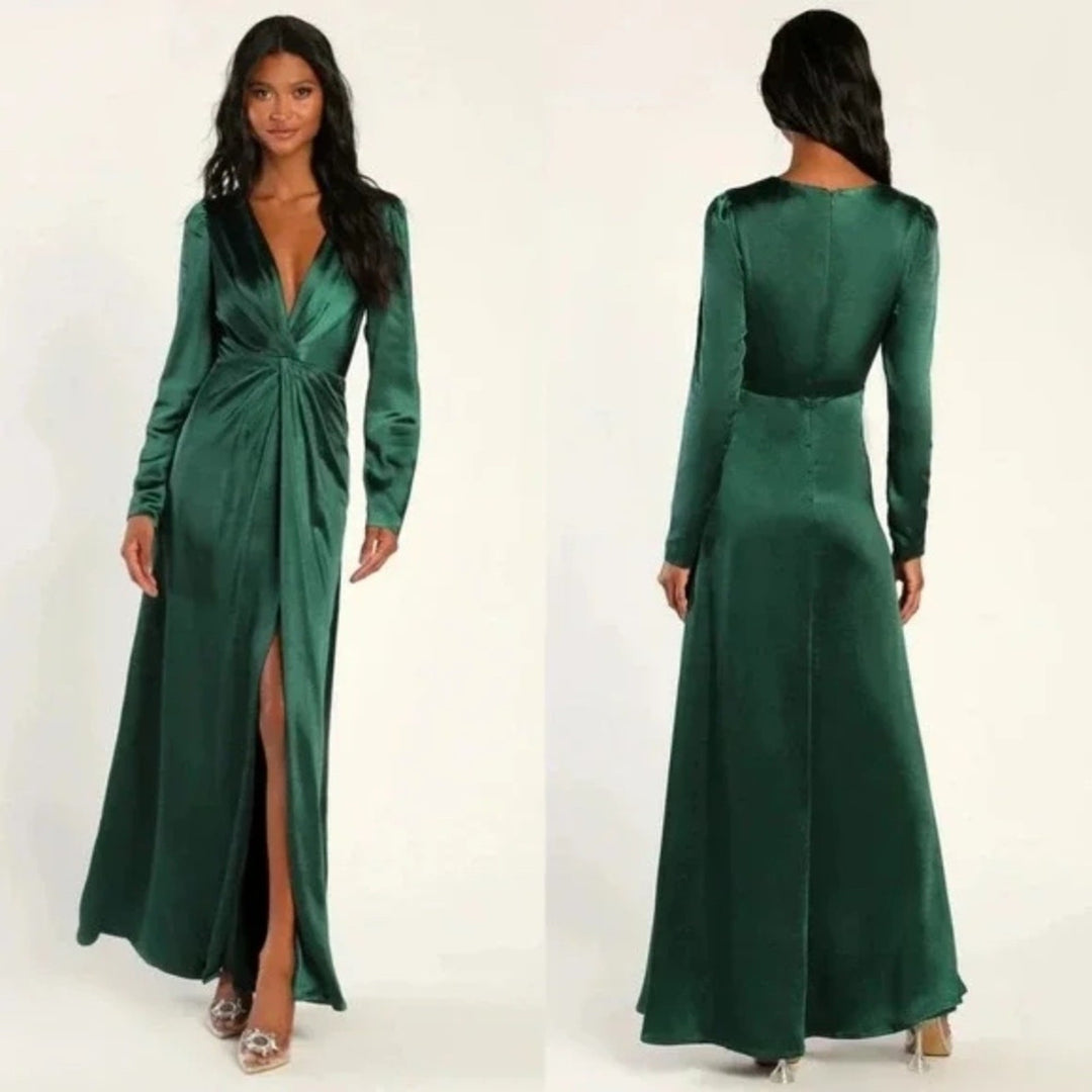 Lulus Endearing Elegance Emerald Green Satin Long Sleeve Maxi Dress Size 3X