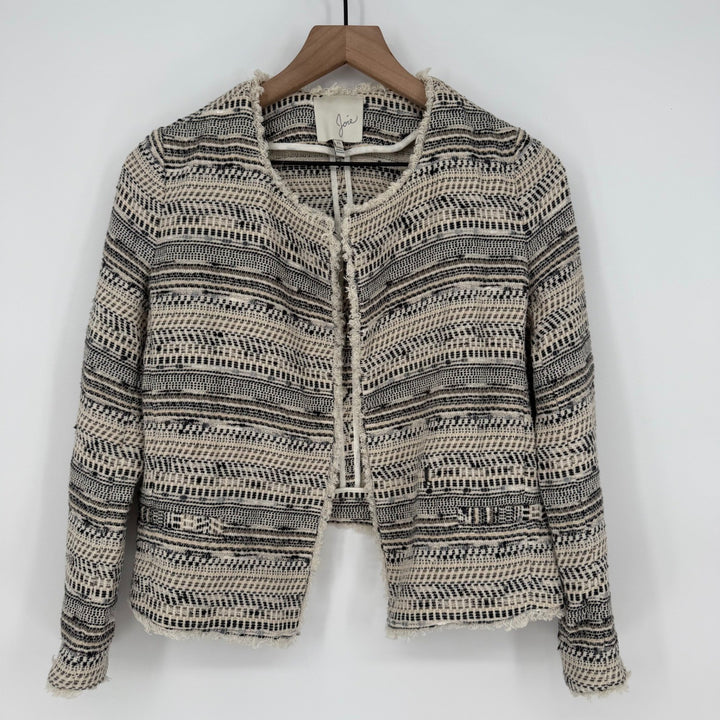 Joie Tweed Collarless Jacket Textured Fringe Open Front XS