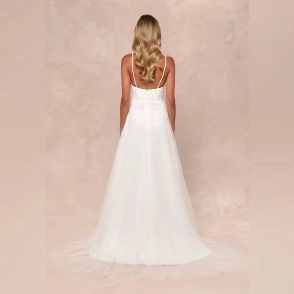 Lulus Love Perfection White Lace Tulle Pearl Beaded Maxi Dress Size M