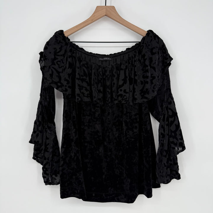 Nally & Millie Blouse Top Women S/M Black Burnout Velvet Nylon Lined Bell Sleeve