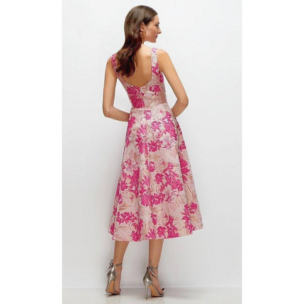 Dessy Collection Hibiscus Pink Square Floral Jacquard Midi Dress Size 10