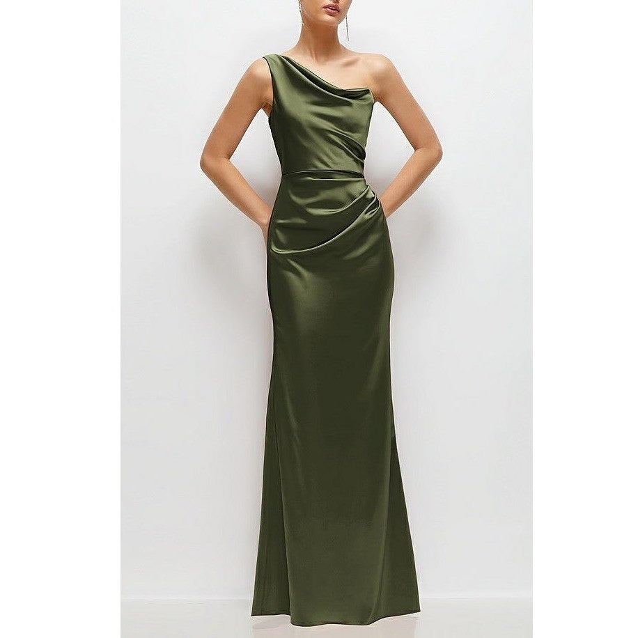 After Six One-Shoulder Cat-Eye Neckline Fit and Flare Satin Maxi Dress Size 2