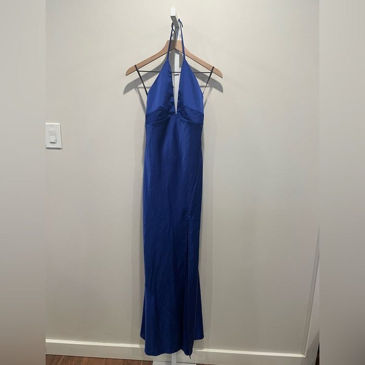 After Six Plunge Halter Open-Back Maxi Bias Dress With Low Back Size M