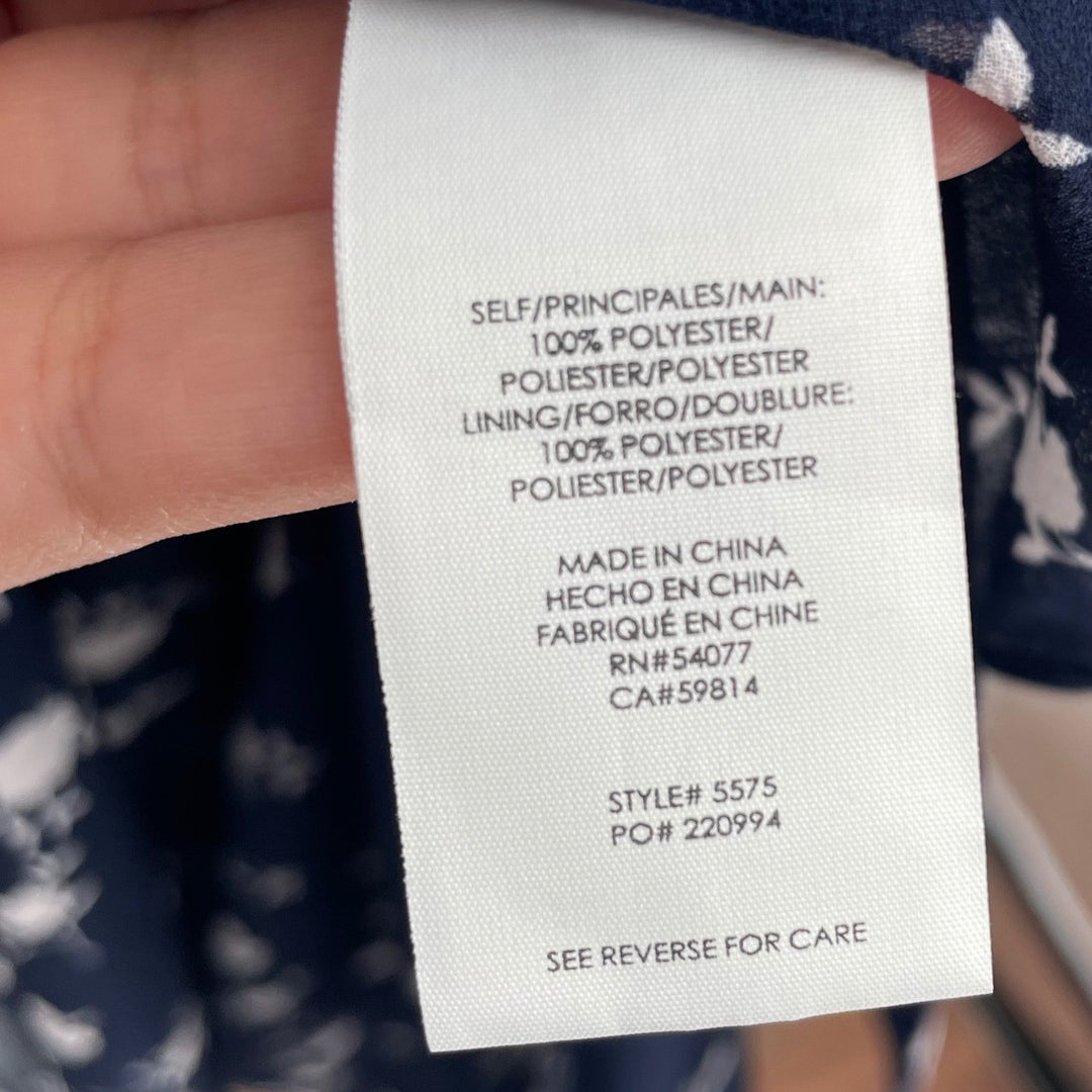 Cabi Navy Floral Print Midi Dress Size 6 V Neck Sheer Sleeve