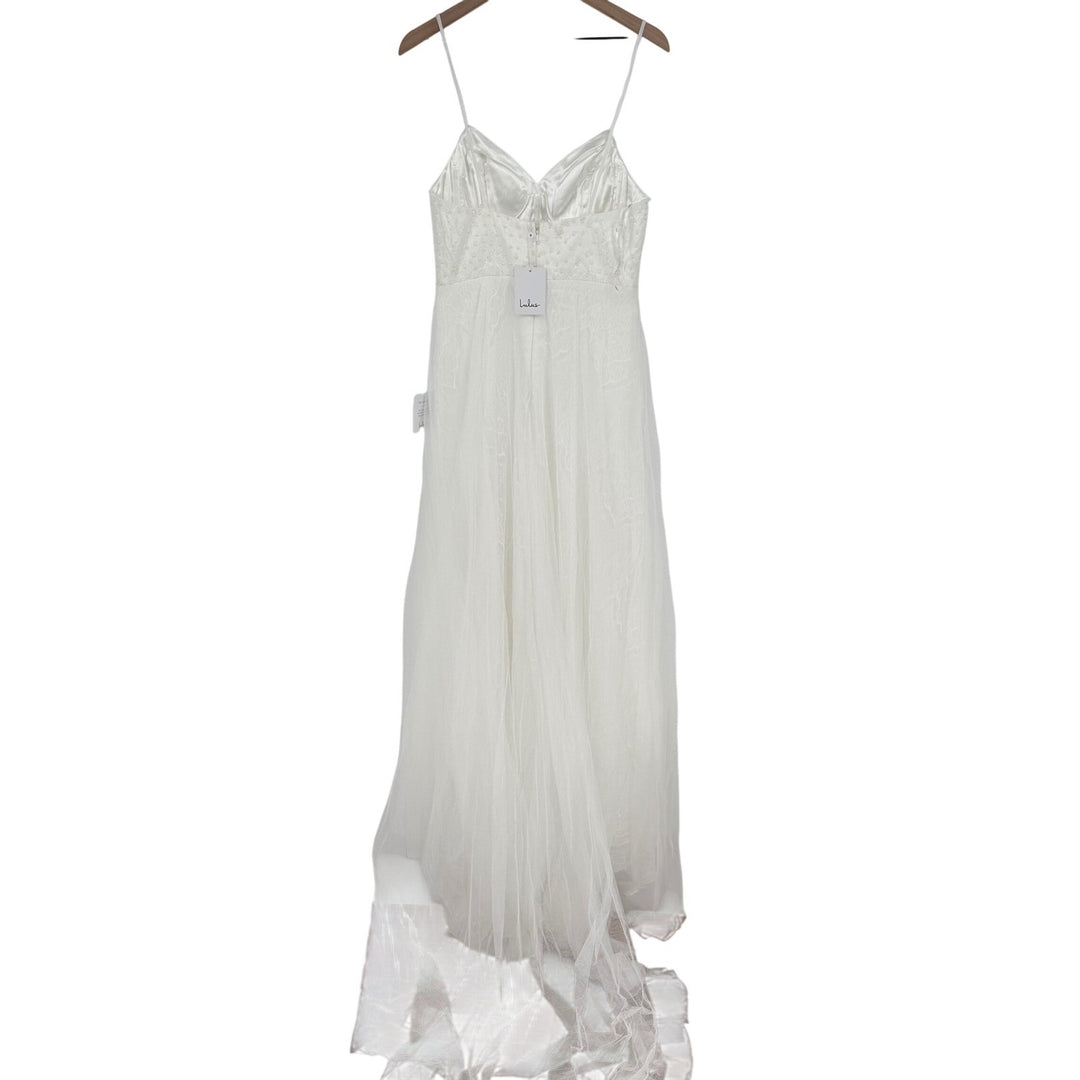 Lulus Love Perfection White Lace Tule Pearl Beaded Maxi Dress Size M