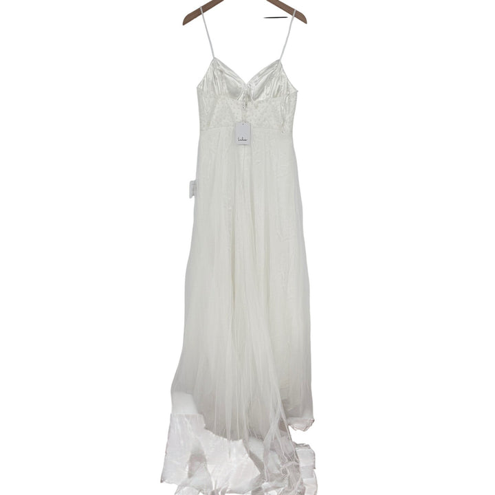 Lulus Love Perfection White Lace Tule Pearl Beaded Maxi Dress Size M