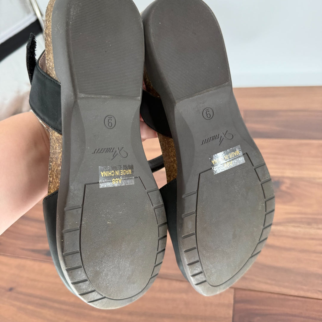 Athlefit Sandals Womens Size 9 Us Black Leather Slide Ankle Strap Closed Toe