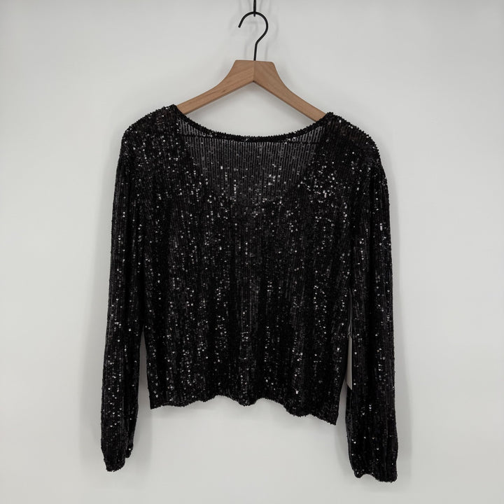 Nordstrom Chelsea28 Top Womens Small Black Sequin Jewel Neck Dipped Back Stretch