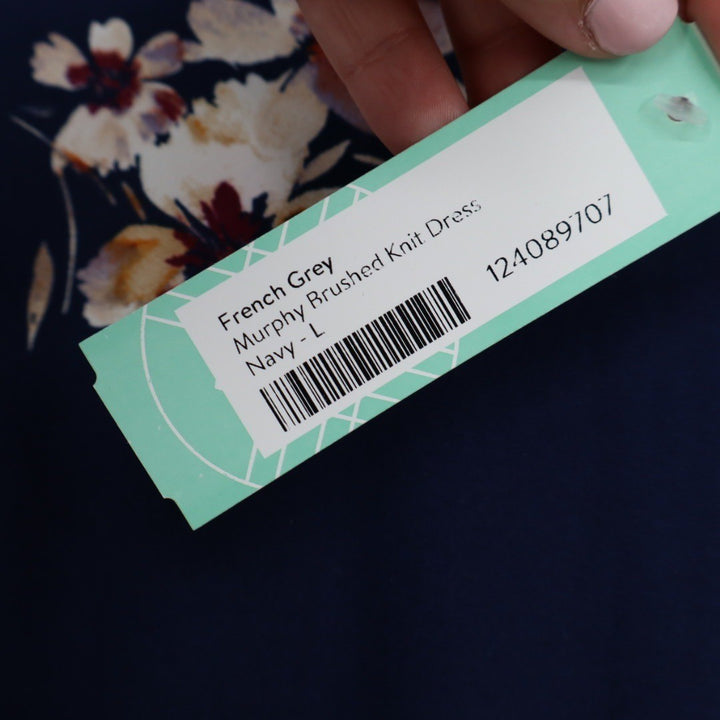 French Grey Murphy Brushed Knit Dress Navy Floral Print Size L