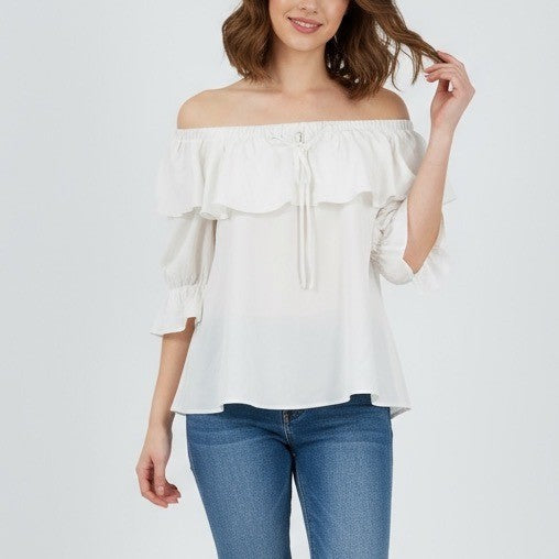 White Off Shoulder Ruffle Blouse Top 3/4 Sleeve Tie Neck Sheer Flowy Plus Size L