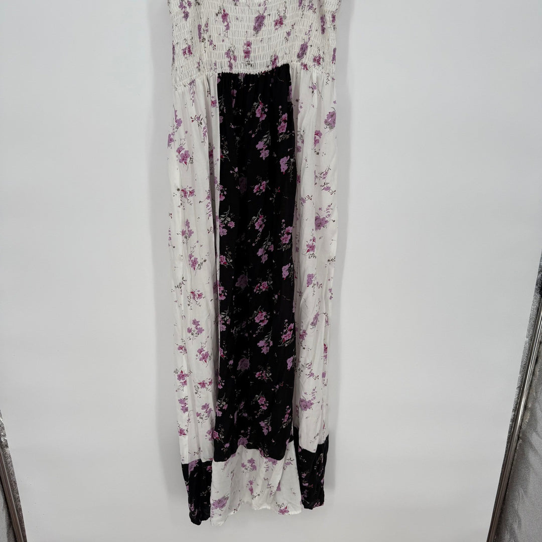 Aqua Maxi Dress Floral Print White Black Purple Smocked Bodice Tie Straps Size S