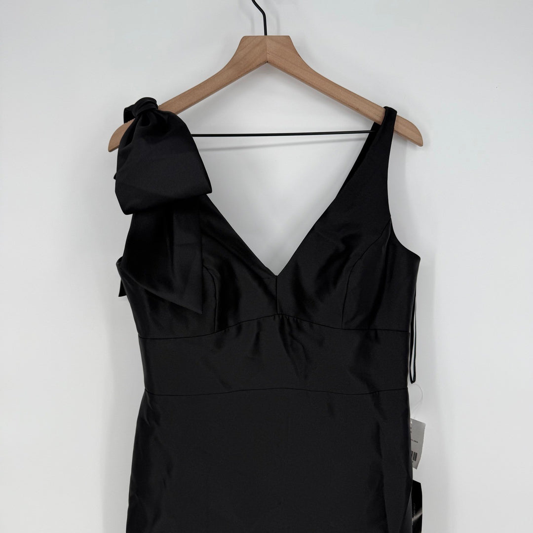 Alfred Sung Deep V-Back Satin Trumpet Dress With Cascading Bow At On Shoulder