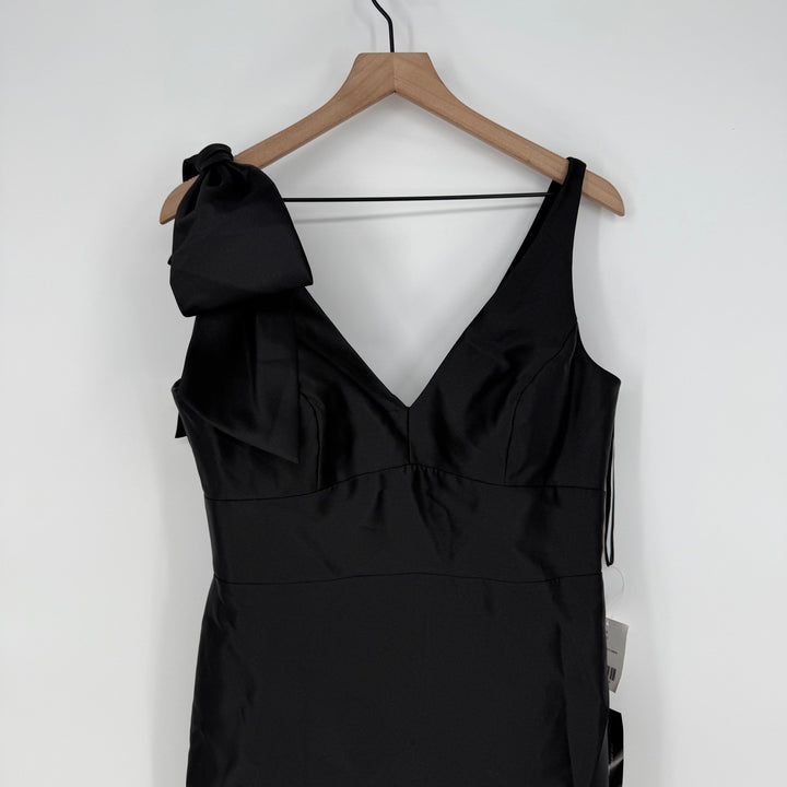 Alfred Sung Deep V-Back Satin Trumpet Dress With Cascading Bow At On Shoulder