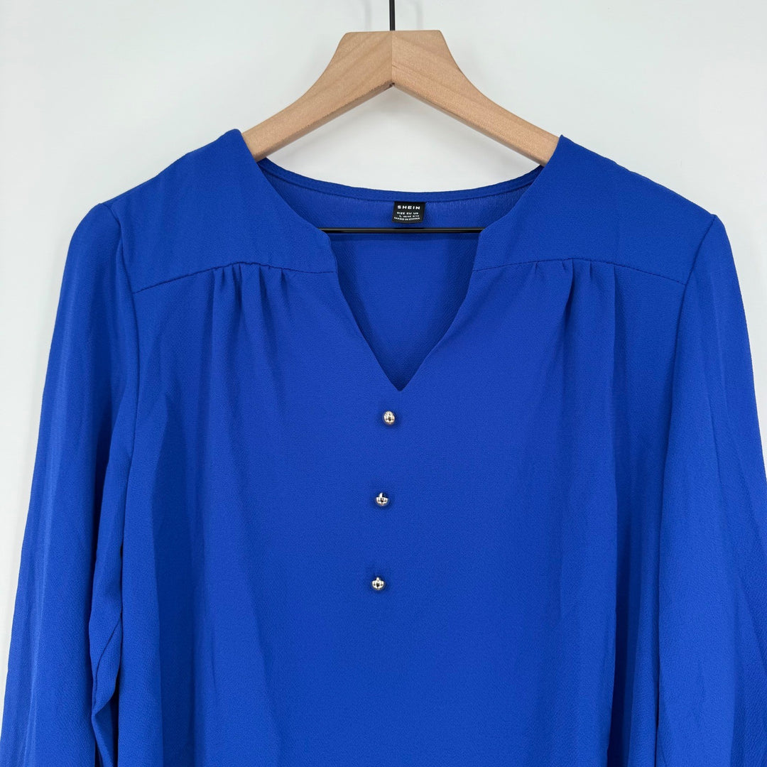 SHEIN Cobalt Blue Blouse Top Womens Long Sleeve Button Detail V-Neck Size L
