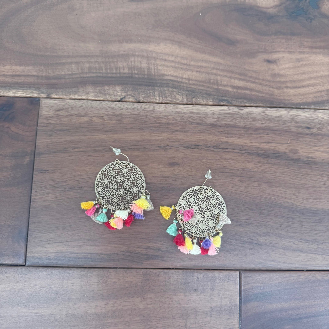 Boho Gold Tone Round Filigree Dangle Earrings Colorful Tassel Drop