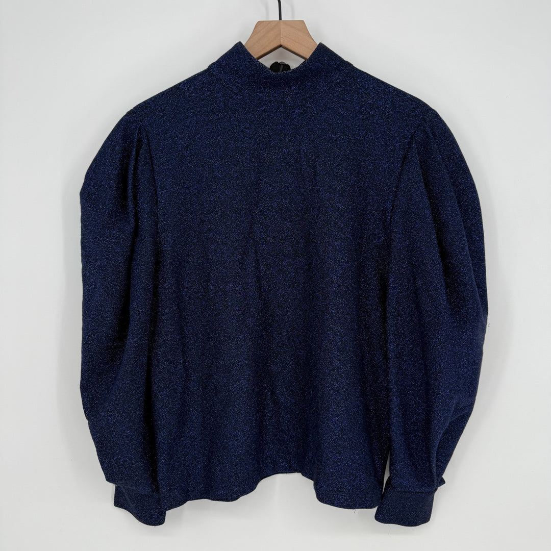 PatBo Sweater Womens Medium Blue Glitter Stretch Mock Neck Puff Sleeve Back Zip