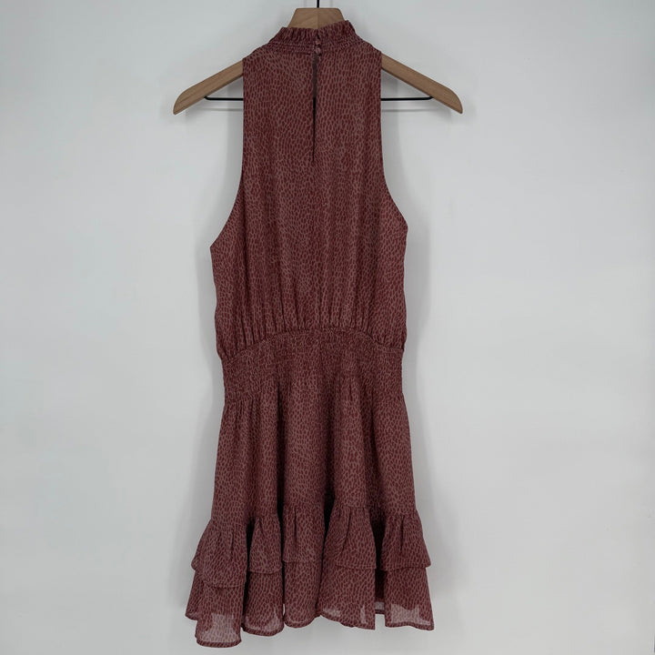 Olivia Grey Dress Animal Print Ruffle Mock Neck Sleeveless Mini Size M