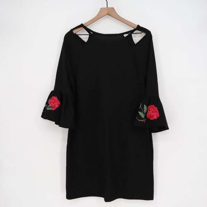 Alya Black Cutout Cold Shoulder Bell Sleeve Rose Embroidered Dress Size Large