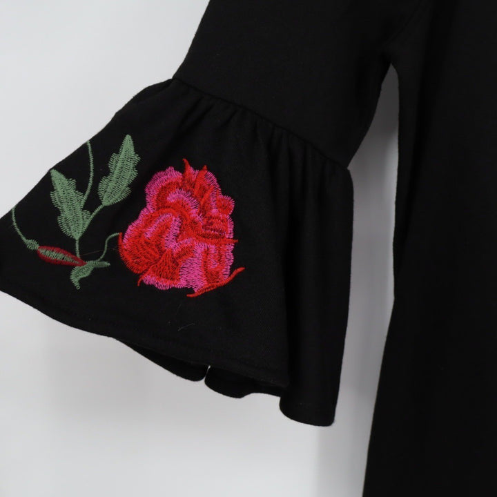 Alya Black Cutout Cold Shoulder Bell Sleeve Rose Embroidered Dress Size Large