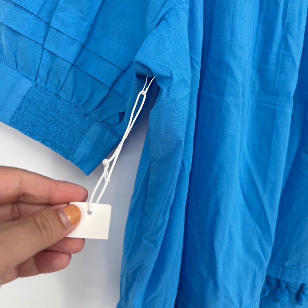 Chicos Blue Square Neck Pintuck Tassel Tunic Top Shirt Size 16