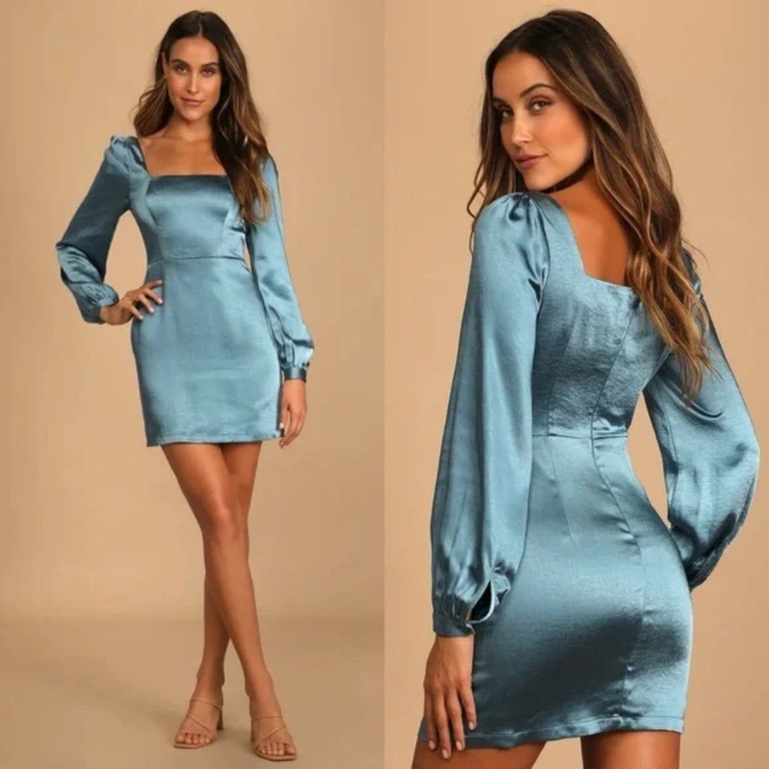 Lulus Got The Love Slate Blue Satin Square-Neck Mini Dress Size L